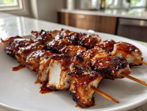 Close-up of juicy bang bang chicken skewers in oven, glazed with a spicy sauce and sprinkled with sesame seeds, served on a white plate.