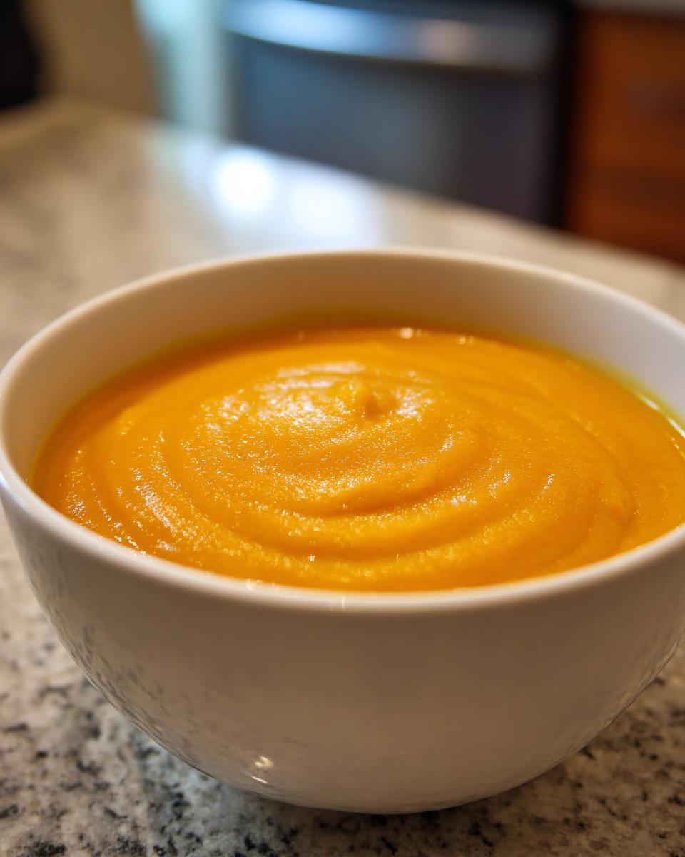 Close-up of a white bowl filled with vibrant orange, creamy panera butternut squash soup.