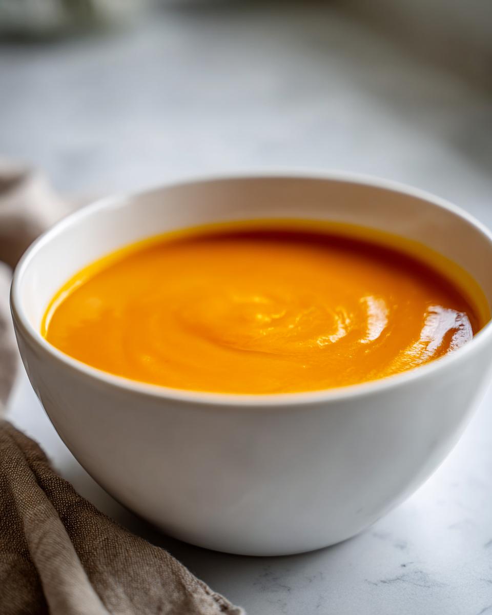 Close-up of a white bowl filled with smooth, vibrant orange panera butternut squash soup.