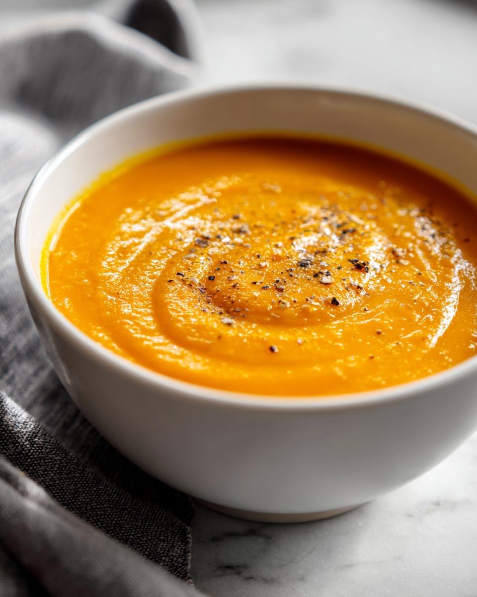 Close-up of creamy Panera butternut squash soup in a white bowl, garnished with cracked black pepper.
