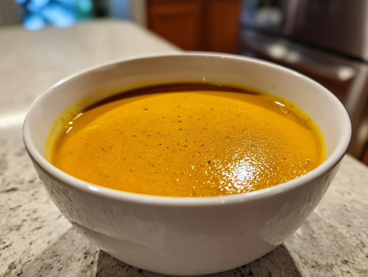 Close-up of a creamy, vibrant orange panera butternut squash soup served in a white bowl.