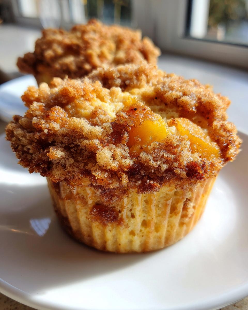 A close-up of a freshly baked peach cobbler muffins with a thick, sugary cinnamon streusel topping.