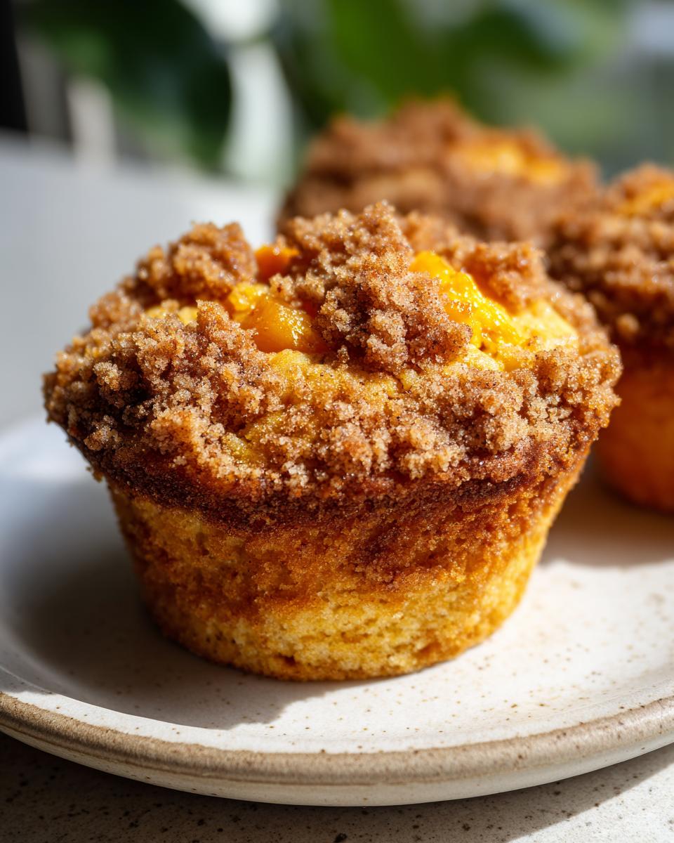A close-up shot of a perfectly baked peach cobbler muffins featuring a thick, sugary cinnamon streusel topping and visible chunks of peach.