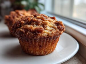 A close-up of a golden brown peach cobbler muffins featuring a thick, sugary, cinnamon streusel topping.