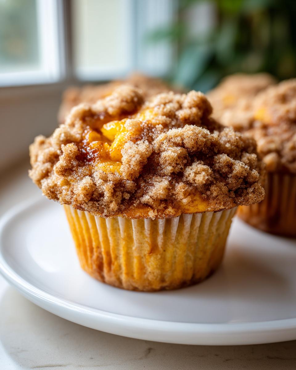 A close-up of a freshly baked peach cobbler muffins topped with a thick, sugary cinnamon crumb topping, sitting on a white plate.