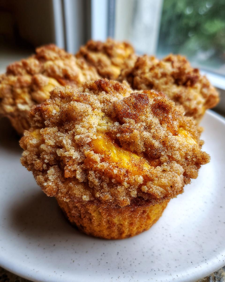 A close-up of one perfectly baked peach cobbler muffins topped with a thick, cinnamon-sugar streusel topping.