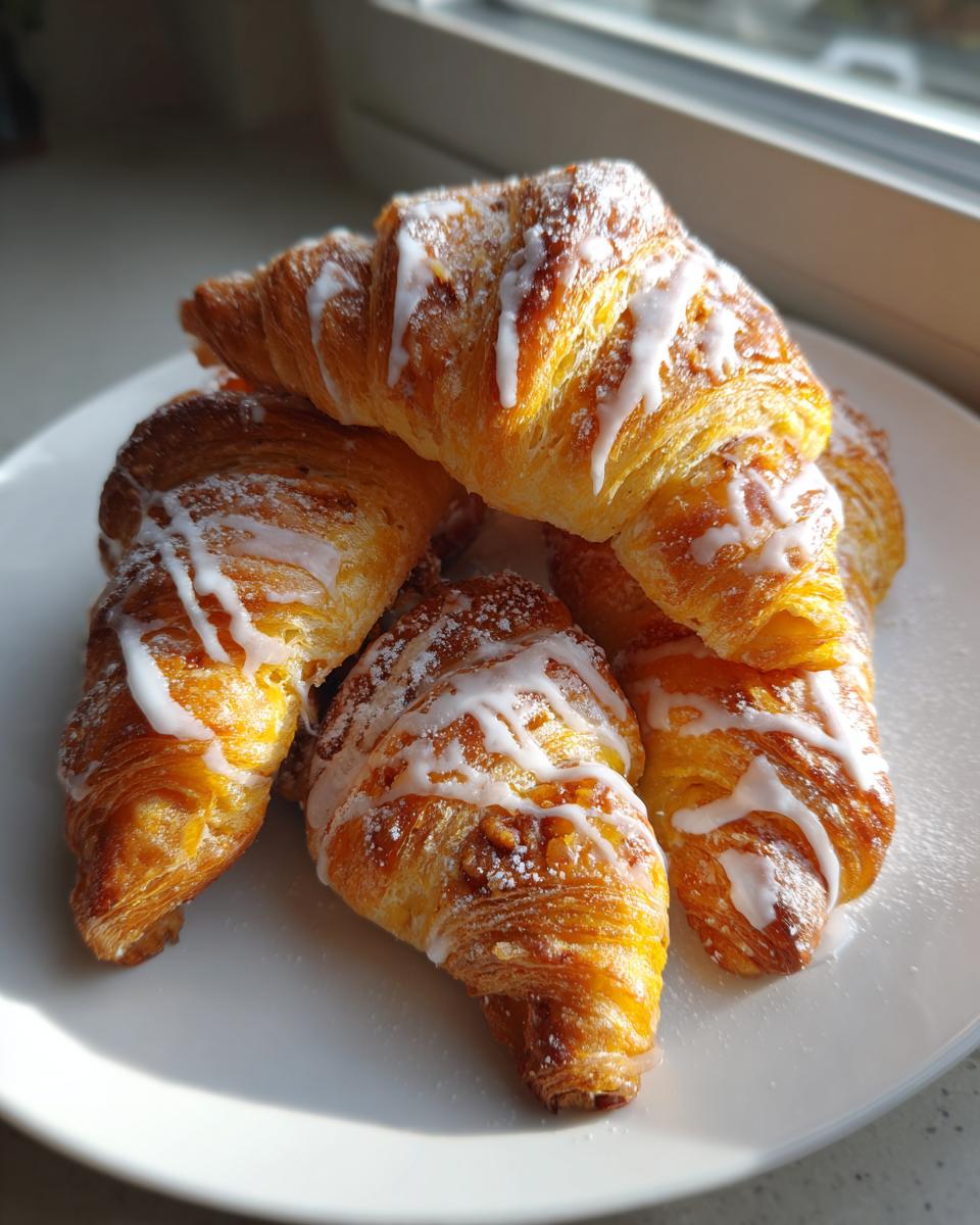 A stack of golden brown pecan pie crescents drizzled with white icing and dusted with powdered sugar.