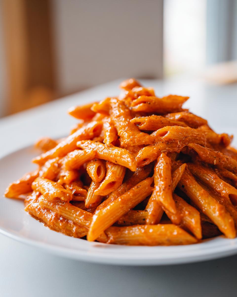 A close-up shot of penne pasta generously coated in a rich, orange-hued creamy tomato pasta sauce on a white plate.