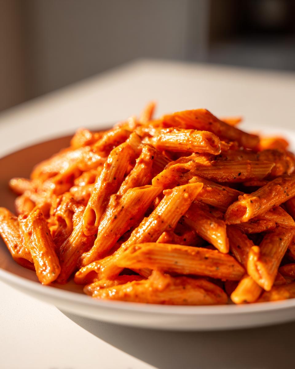 Close-up of penne pasta generously coated in a rich, orange-red creamy tomato pasta sauce.