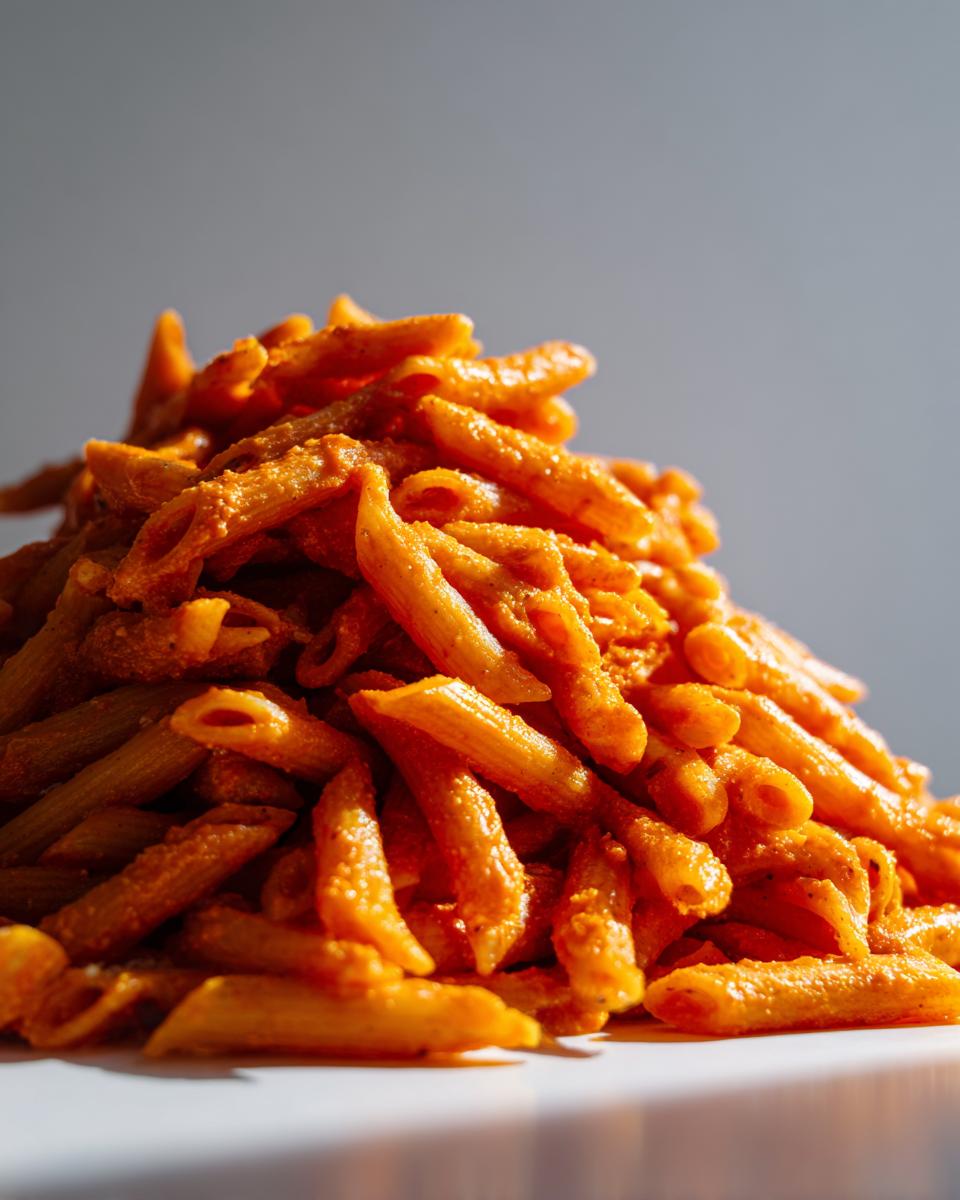 Close-up of penne pasta generously coated in a rich, orange-hued creamy tomato pasta sauce.