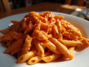 Close-up of penne pasta generously coated in a vibrant, creamy tomato pasta sauce, served on a white plate.