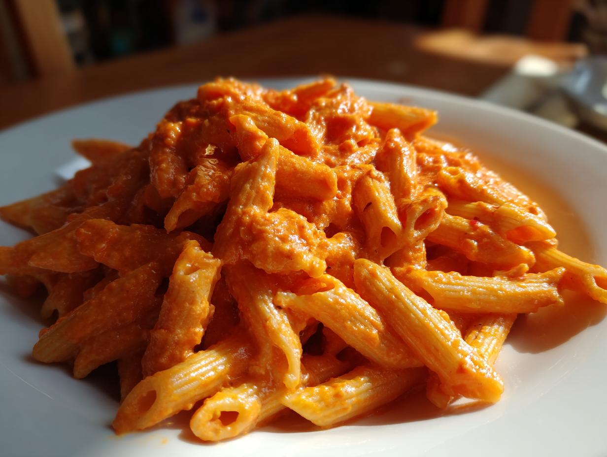 Close-up of penne pasta generously coated in a vibrant, creamy tomato pasta sauce, served on a white plate.