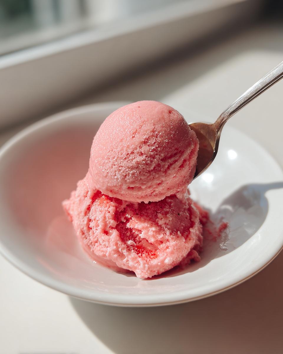 A spoonful of bright pink 2-ingredient summer sherbet being lifted from a white bowl, glistening in sunlight.