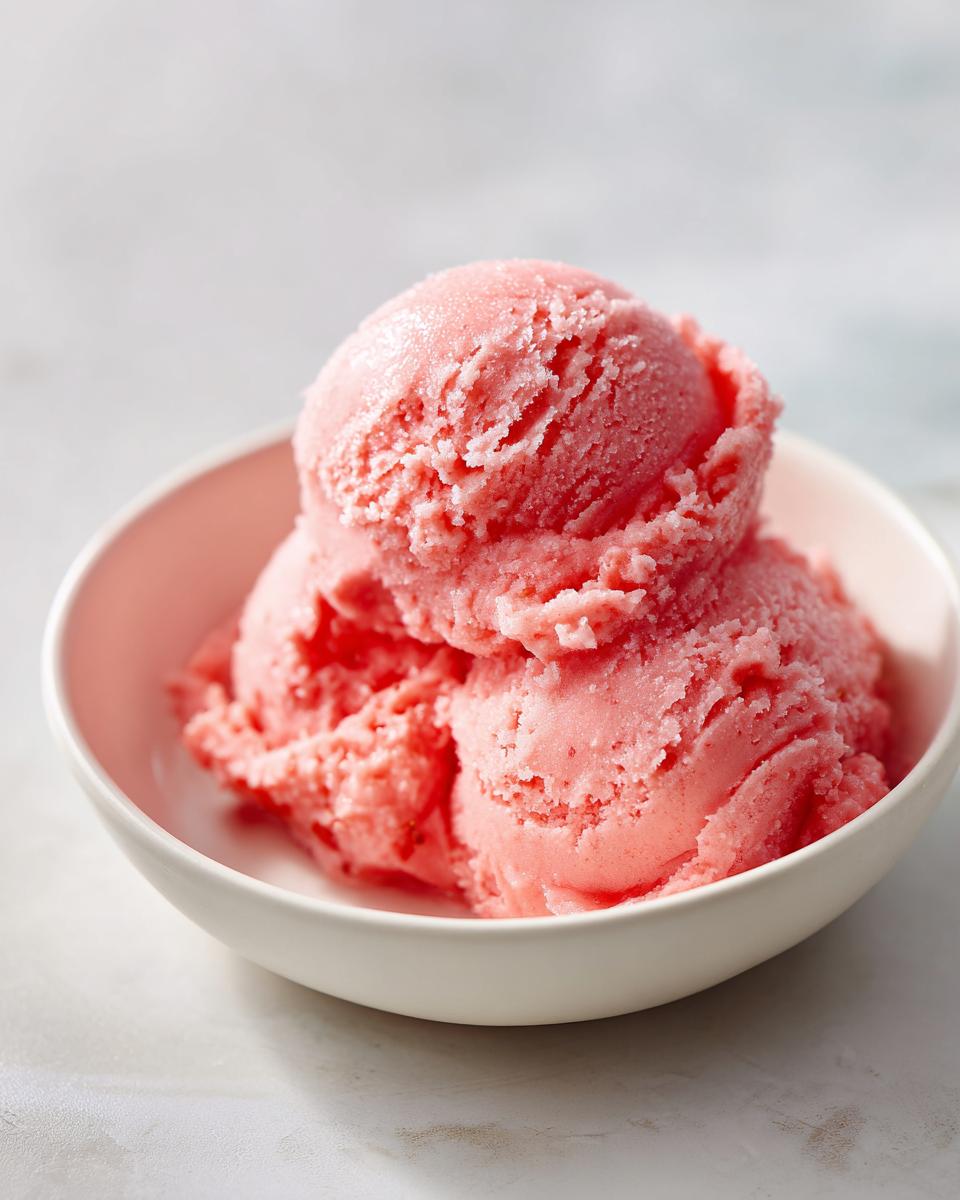 Three scoops of bright pink, icy 2-ingredient summer sherbet served in a small white bowl.