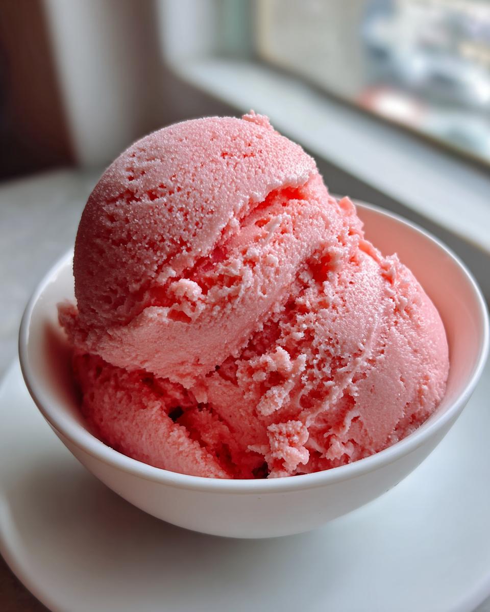 Close-up of two scoops of bright pink 2-ingredient summer sherbet served in a small white bowl.
