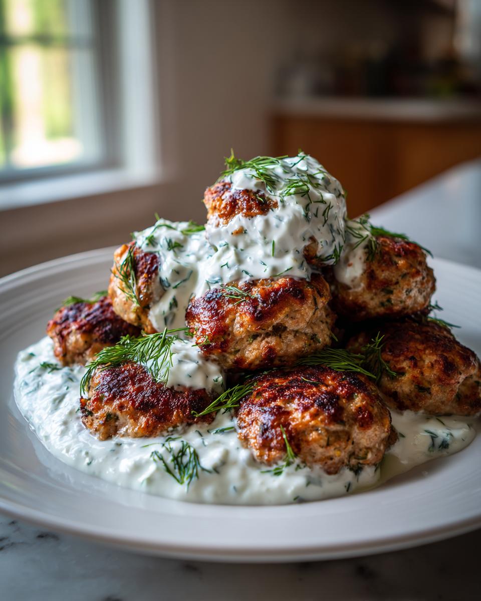 A stack of perfectly browned greek chicken meatballs generously topped with creamy tzatziki sauce and fresh dill.