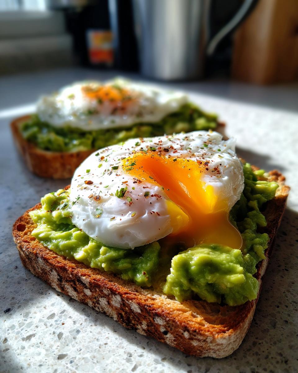 Close-up of creamy avocado toast topped with a perfectly poached egg spilling its yolk, seasoned with spices.
