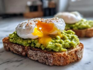 Close-up of creamy avocado toast topped with a perfectly poached egg, yolk running out, seasoned with spices.