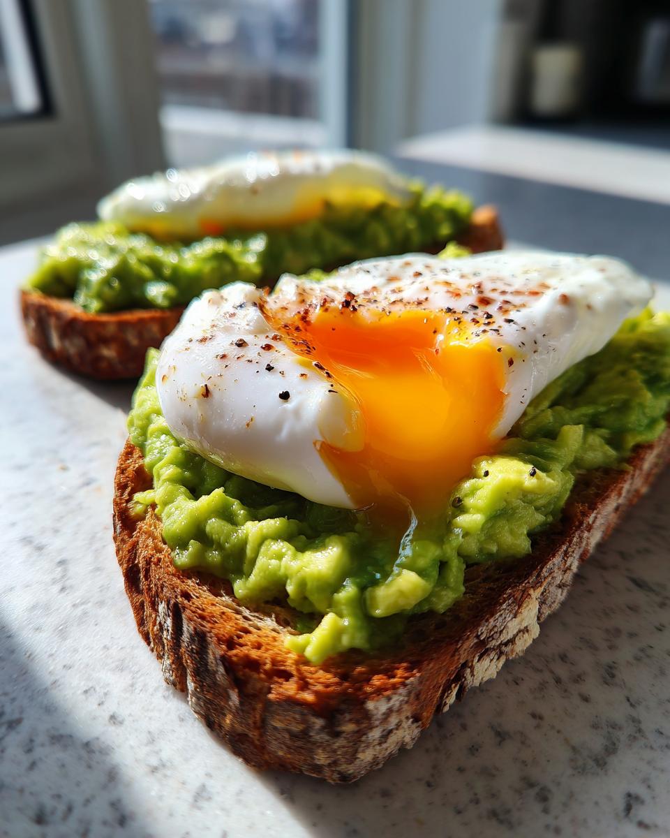 Close-up of creamy avocado toast topped with a perfectly poached egg with runny yolk and cracked pepper.