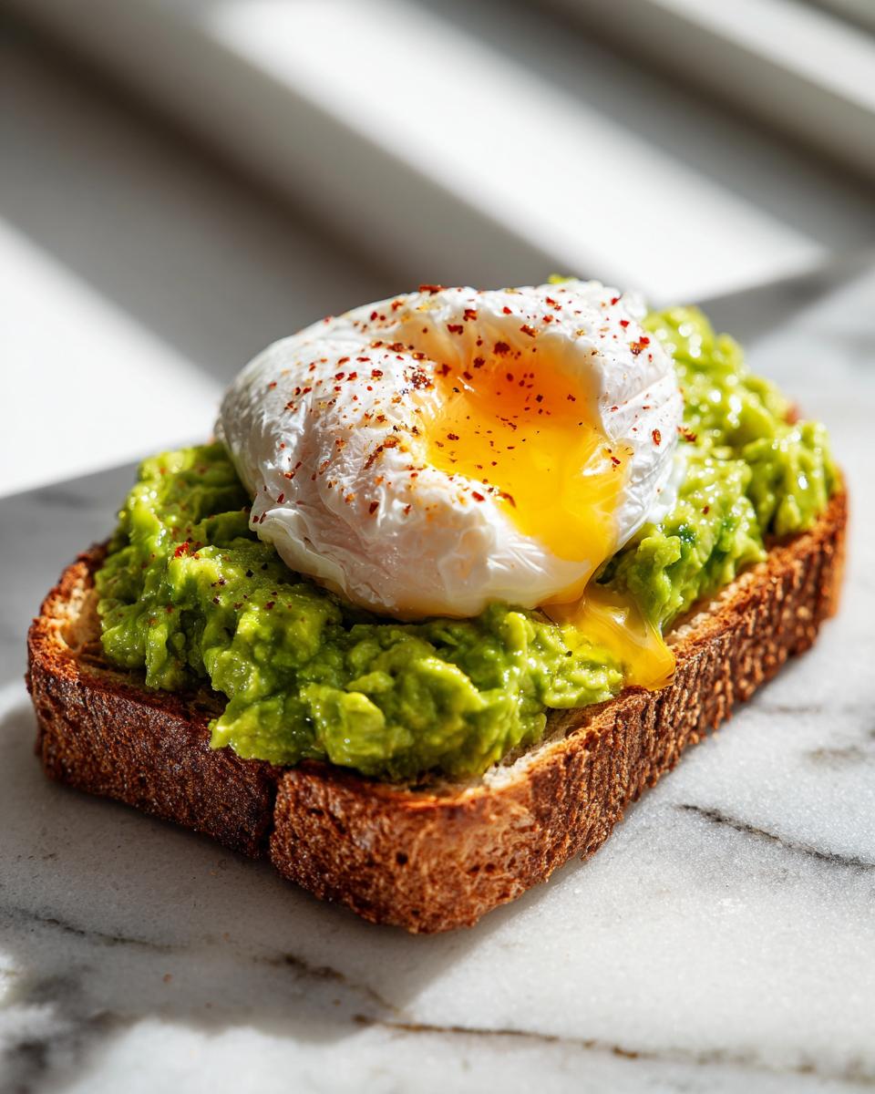 Close-up of delicious avocado toast topped with a perfectly poached egg and red pepper flakes.