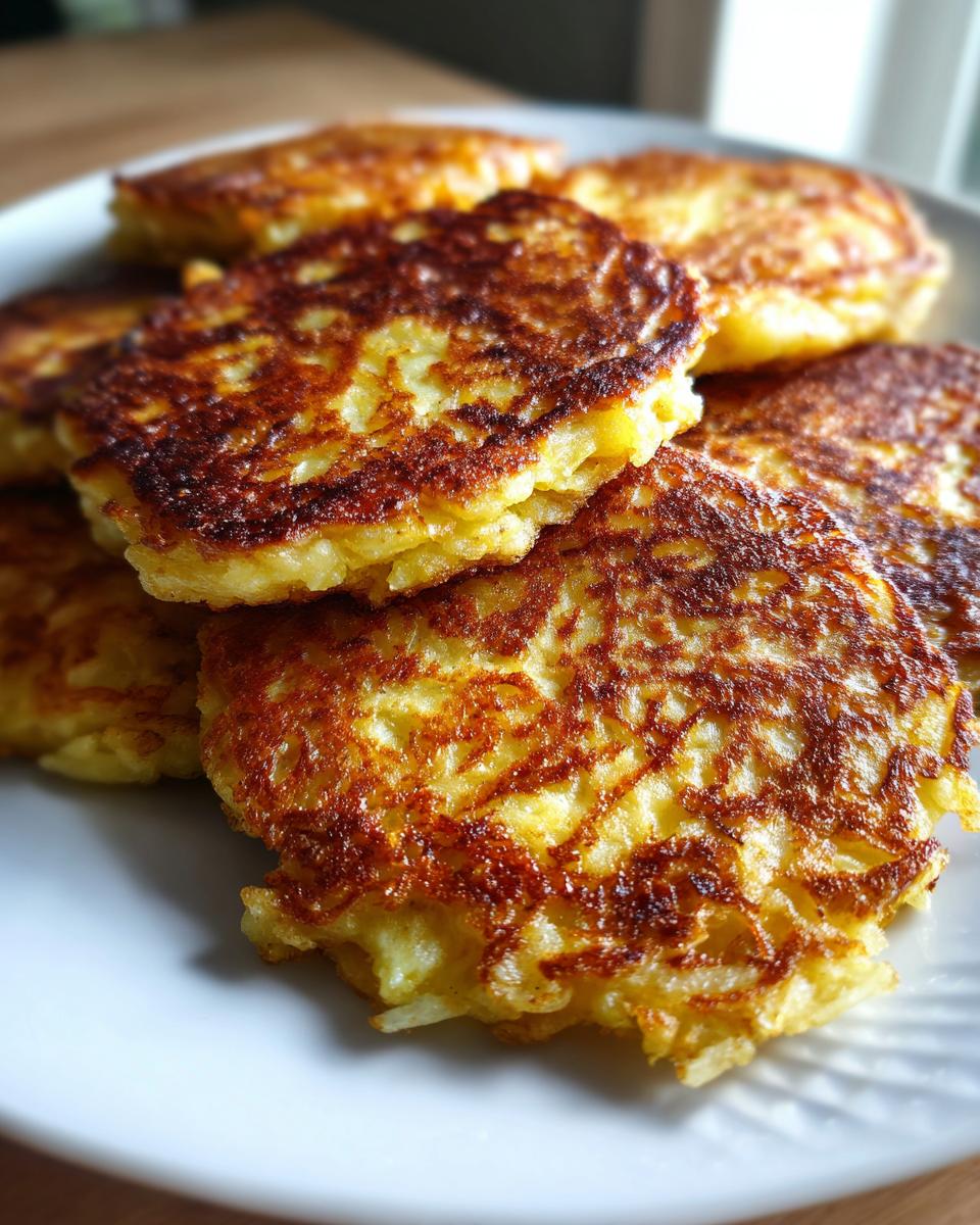 A close-up of several perfectly golden brown and crispy polish potato pancakes stacked on a white plate.