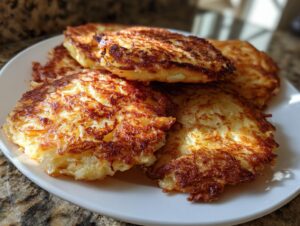A stack of perfectly golden brown, crispy polish potato pancakes served on a white plate.