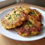 Four golden-brown potato pancakes from mashed potatoes stacked on a white plate and garnished with fresh chives.