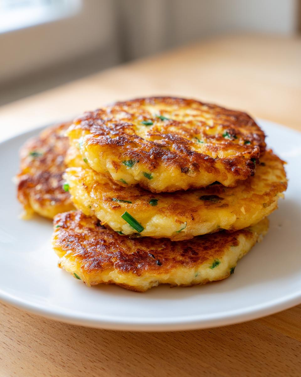 A stack of three golden-brown potato pancakes from mashed potatoes, flecked with green chives, served on a white plate.