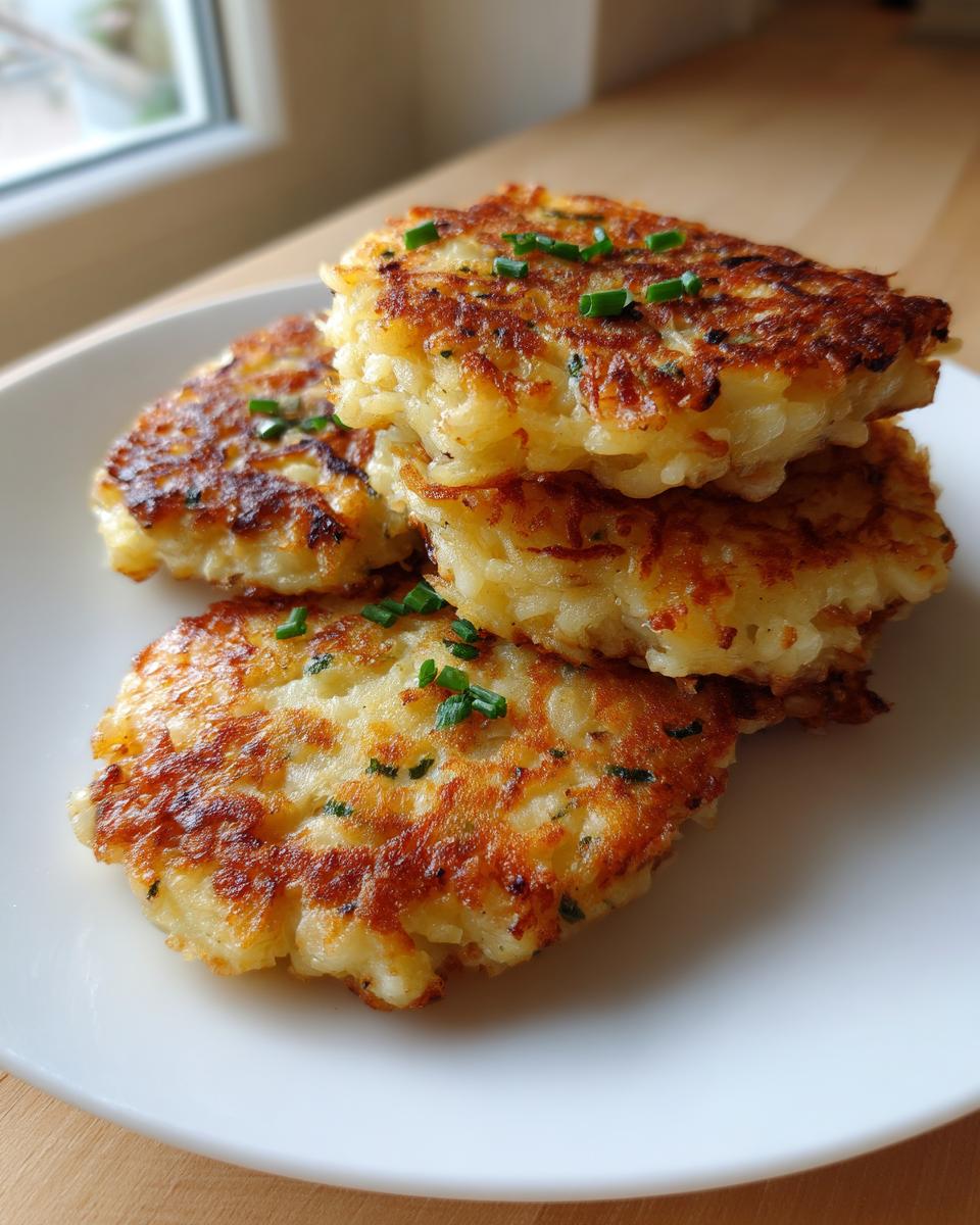 A stack of four golden brown potato pancakes from mashed potatoes, garnished with fresh chives, served on a white plate.