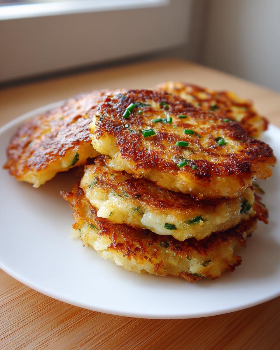 A stack of four golden-brown potato pancakes from mashed potatoes, garnished with fresh chives, on a white plate.