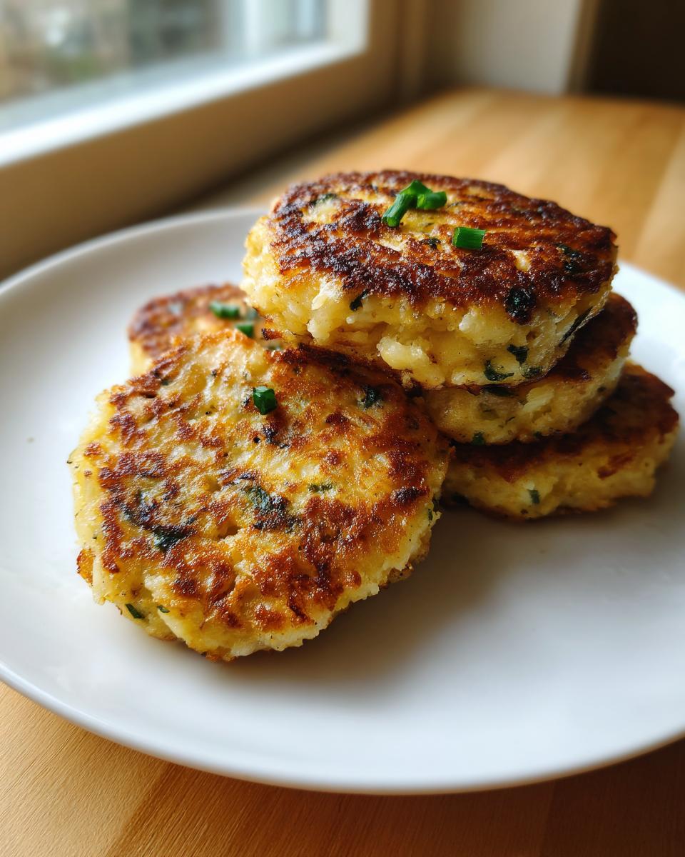 A stack of golden brown potato pancakes from mashed potatoes, garnished with chives, on a white plate.