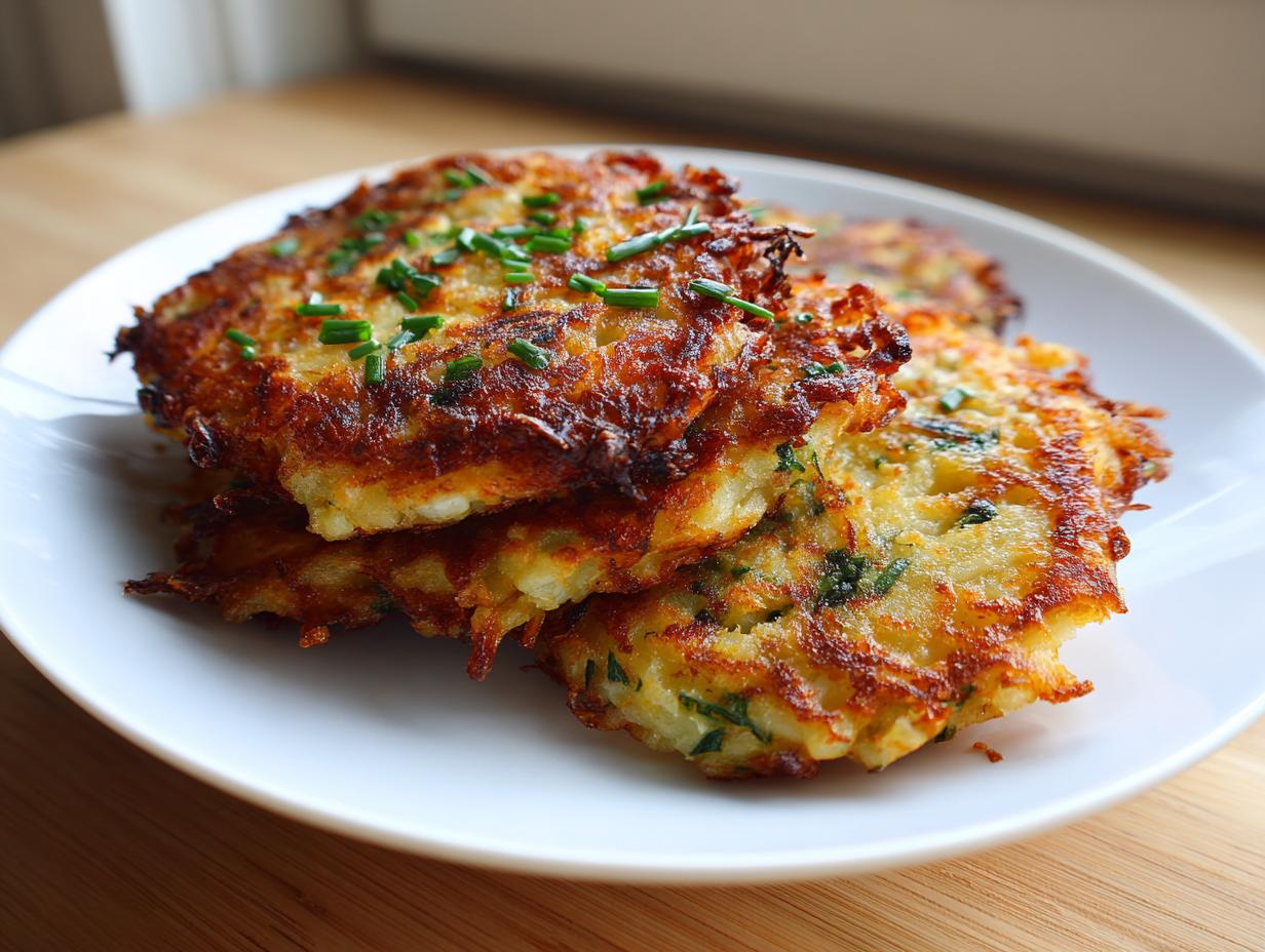 A stack of three golden brown potato pancakes from mashed potatoes, garnished with fresh chives, served on a white plate.