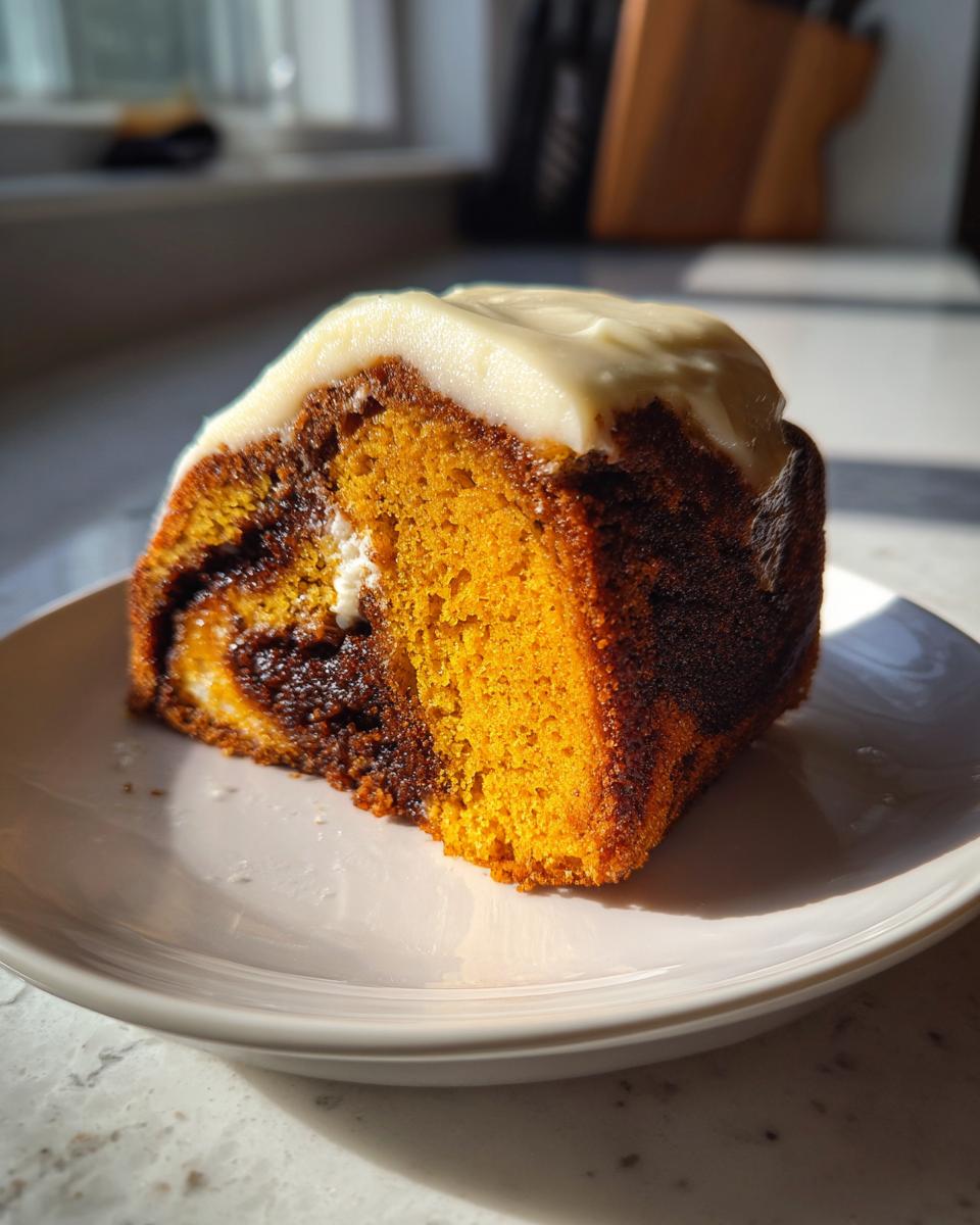 A close-up slice of moist pumpkin cinnamon roll cake recipe showing the orange cake, dark cinnamon swirl, and thick cream cheese frosting.