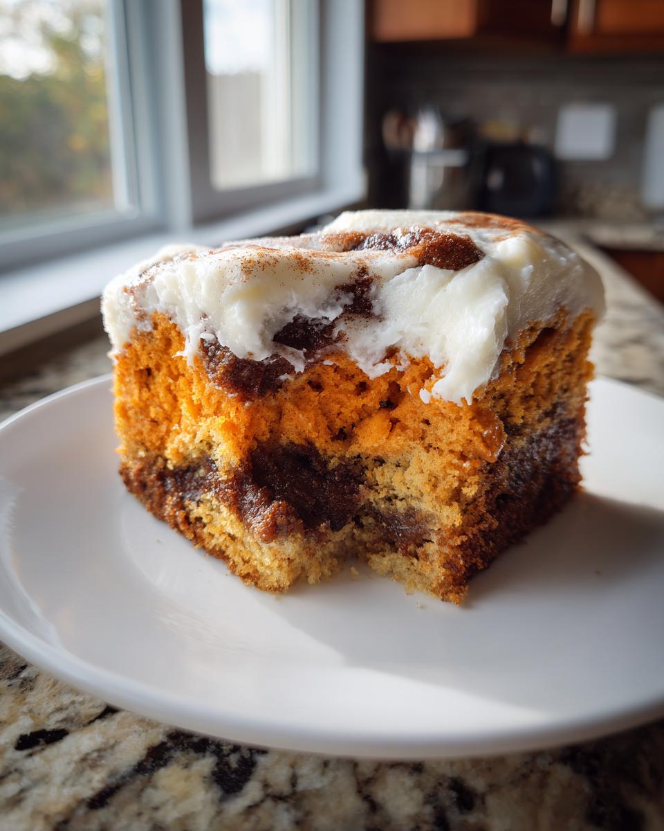 A square slice of pumpkin cinnamon roll cake, showing orange cake, cinnamon swirl, and thick cream cheese frosting, sitting on a white plate.