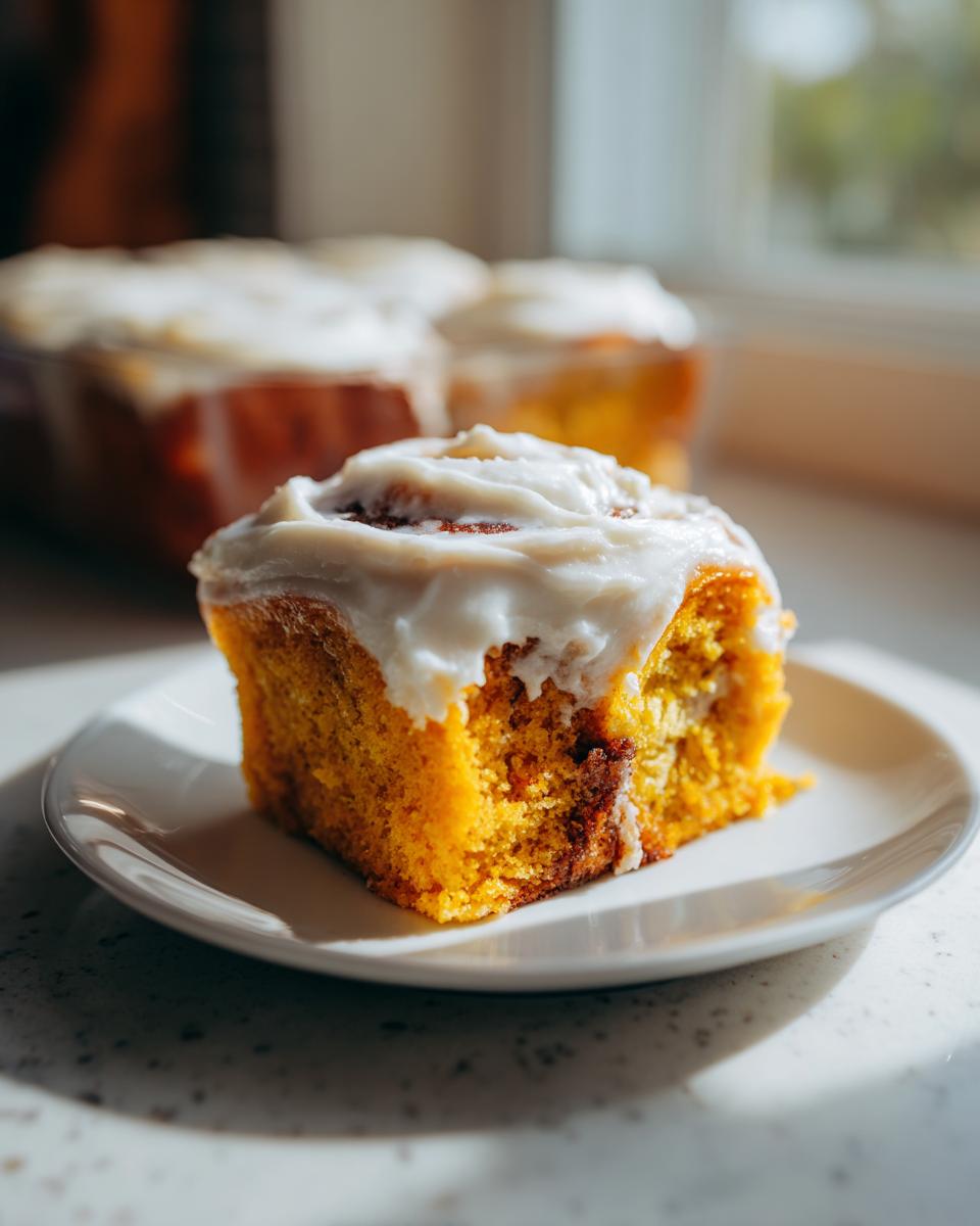 A close-up of a moist slice of pumpkin cinnamon roll cake topped with thick cream cheese frosting.