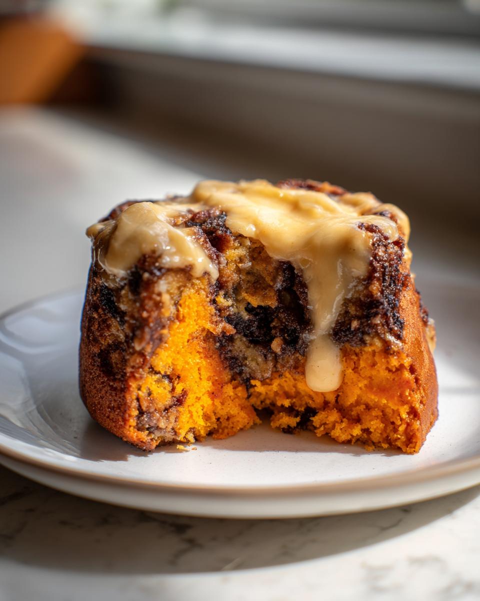A close-up of a bright orange slice of pumpkin cinnamon roll cake with a gooey cinnamon swirl and thick caramel glaze dripping down.