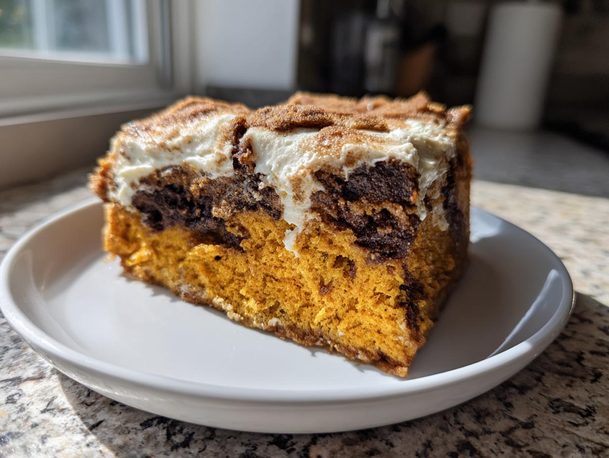 A close-up of a square slice of pumpkin cinnamon roll cake recipe, showing the orange cake base, cinnamon swirl, and cream cheese frosting.