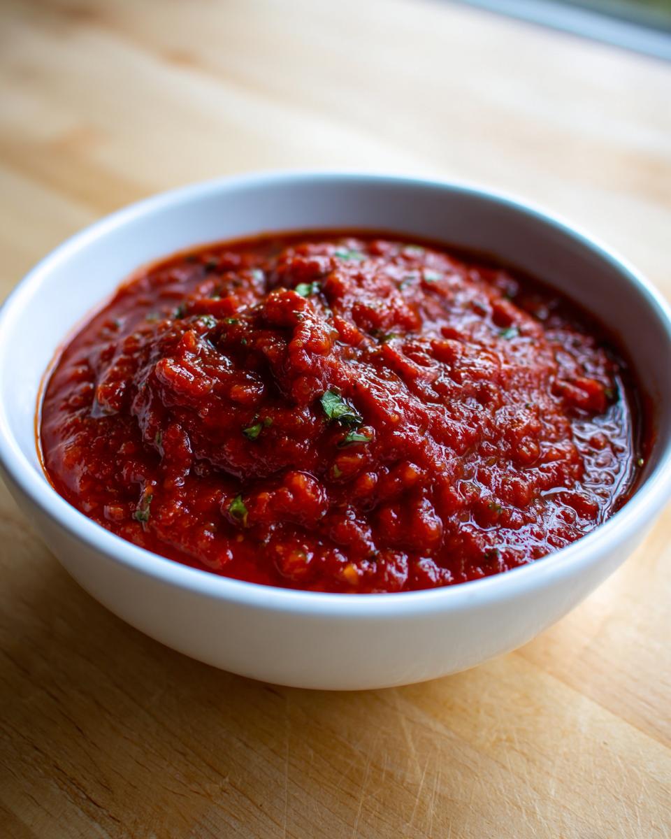 Close-up of rich, chunky homemade Rao's marinara sauce garnished with herbs in a white bowl.