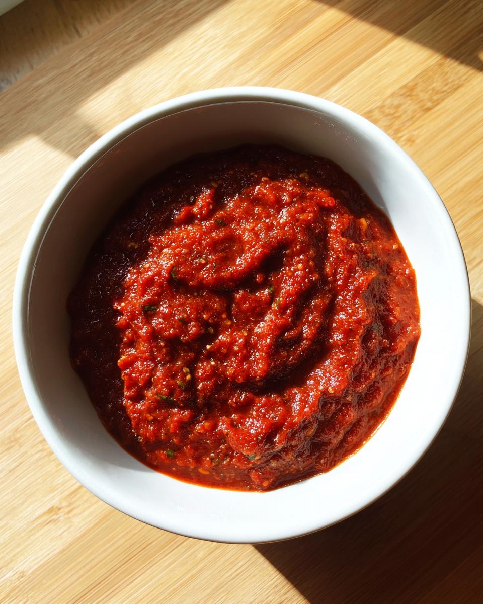 Overhead shot of rich, chunky homemade Rao's marinara sauce in a white bowl on a wooden surface.