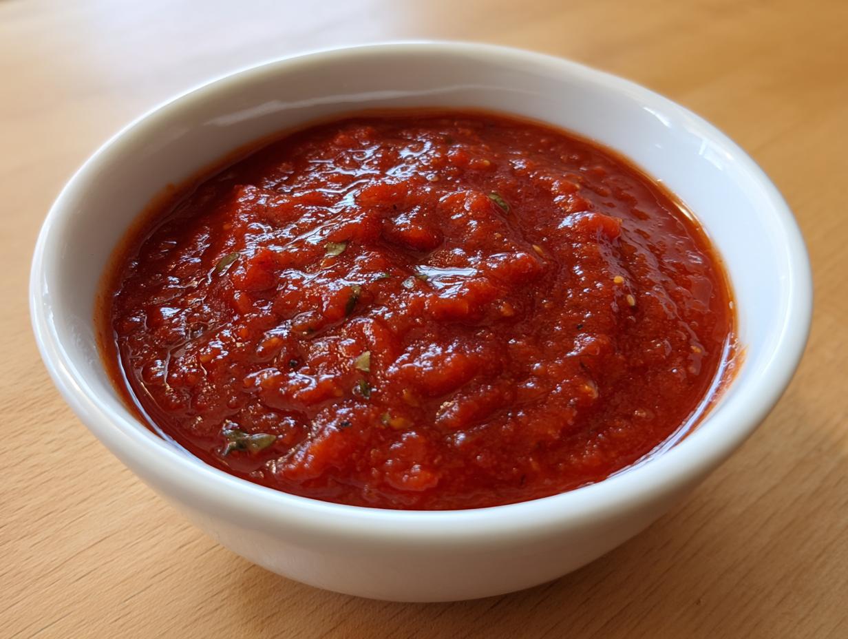A close-up of rich, chunky Rao's marinara sauce seasoned with herbs, served in a small white bowl.
