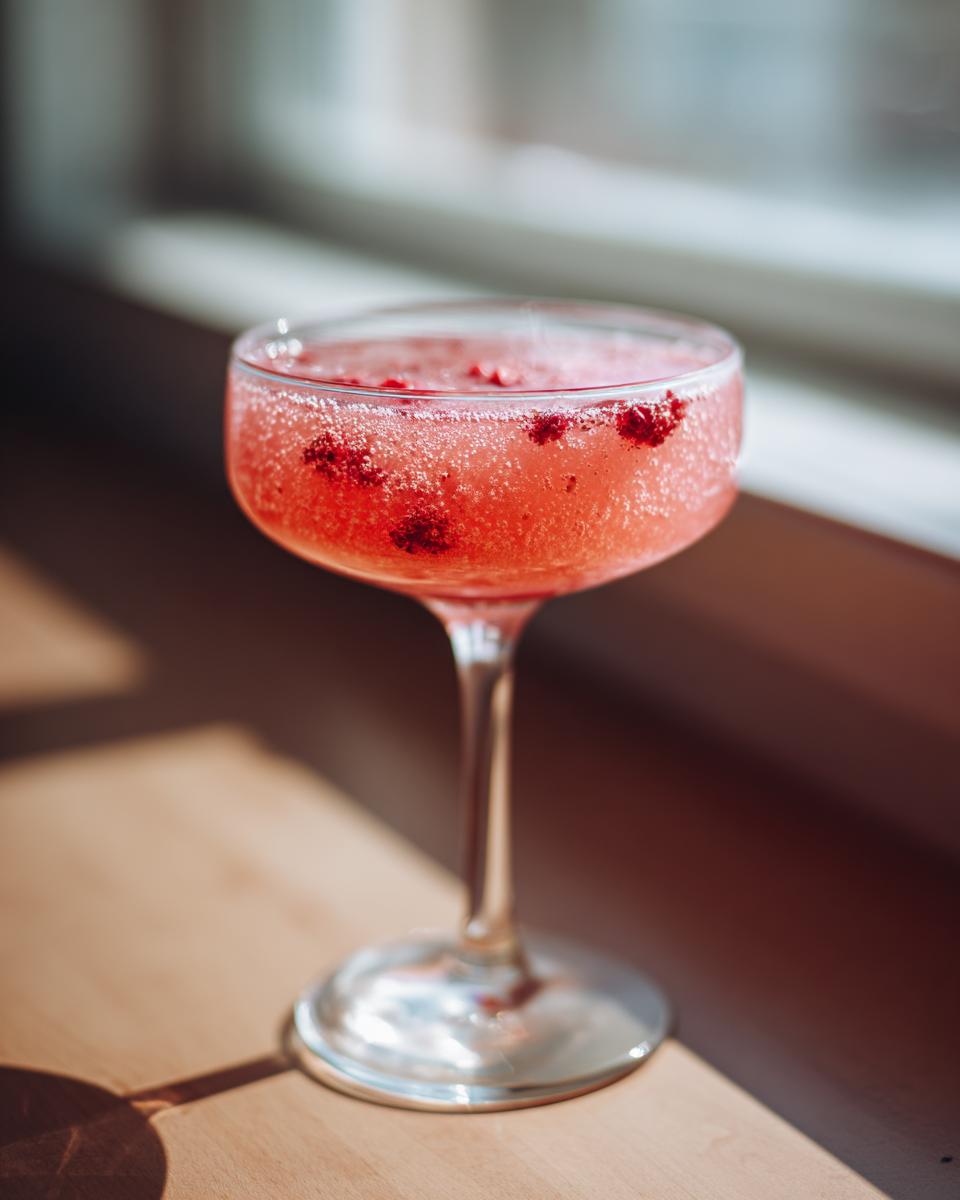 A bright pink, sparkling raspberry honey lemon daiquiri garnished with floating raspberries in a coupe glass.
