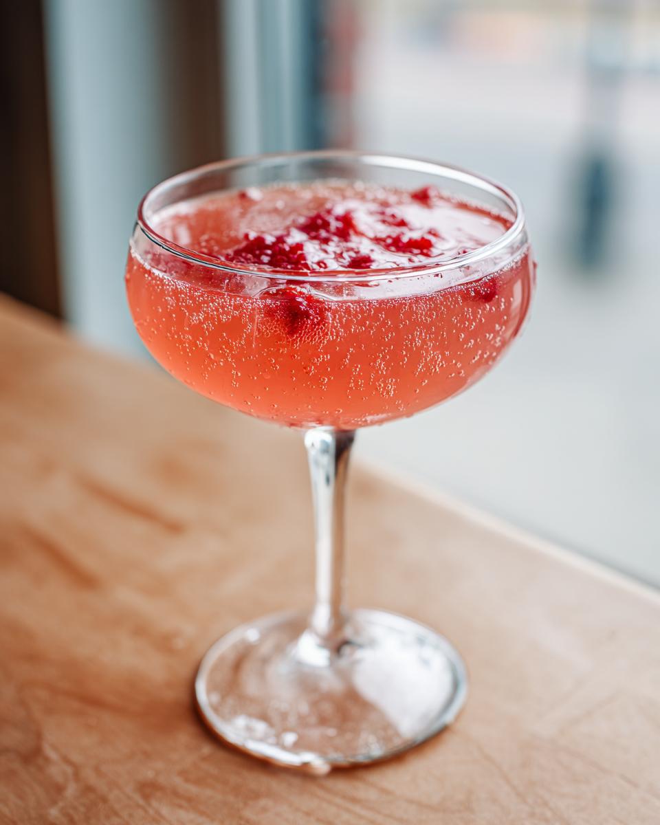 Close-up of a fizzy raspberry honey lemon daiquiri garnished with crushed raspberries in a coupe glass.
