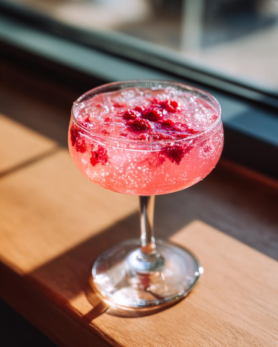 A bright pink raspberry honey lemon daiquiri cocktail topped with crushed raspberries and ice, sitting on a wooden surface.