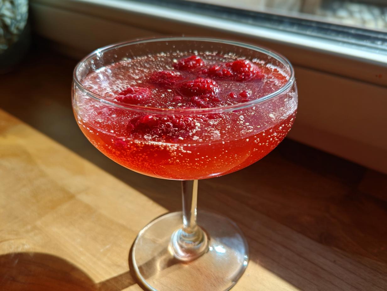 A vibrant raspberry honey lemon daiquiri garnished with fresh raspberries, sitting in a coupe glass on a sunlit wooden surface.