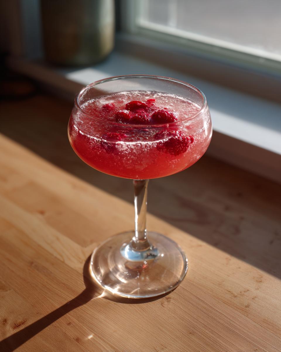 A bright red raspberry honey lemon daiquiri garnished with fresh raspberries in a coupe glass.