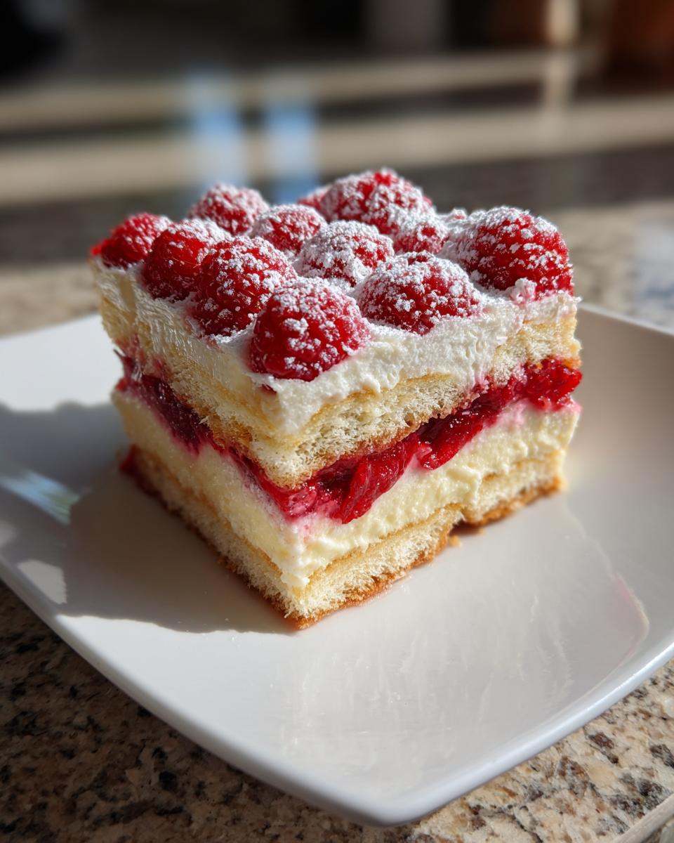 A perfect square slice of raspberry tiramisu layered with cream, sponge cake, and fresh raspberries on top.