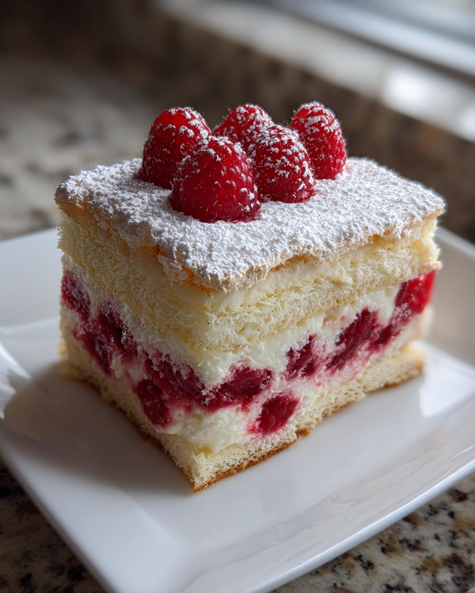 A square slice of raspberry tiramisu featuring layers of sponge cake, cream, and fresh raspberries, dusted with powdered sugar.