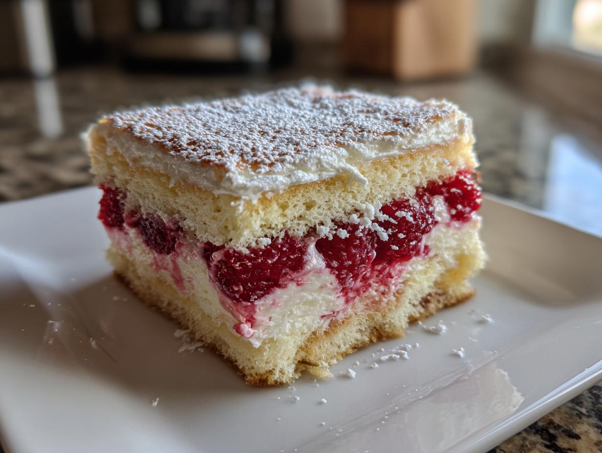 A square slice of raspberry tiramisu featuring layers of sponge cake, cream, and bright red raspberries, dusted with powdered sugar.