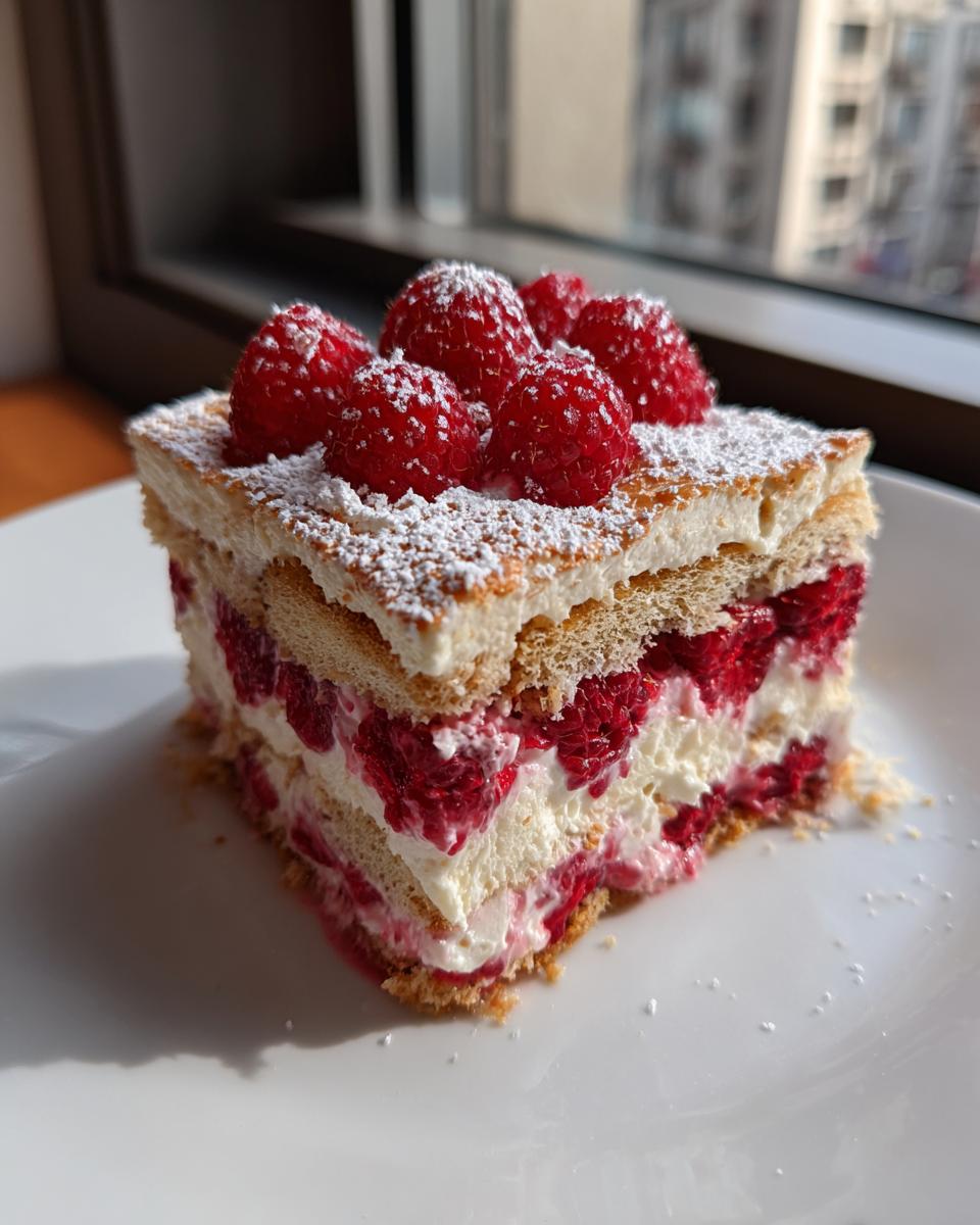 A perfect slice of raspberry tiramisu layered with cream and fresh raspberries, dusted with powdered sugar.