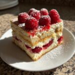 A perfect square slice of raspberry tiramisu layered with cream and ladyfingers, topped with fresh raspberries.
